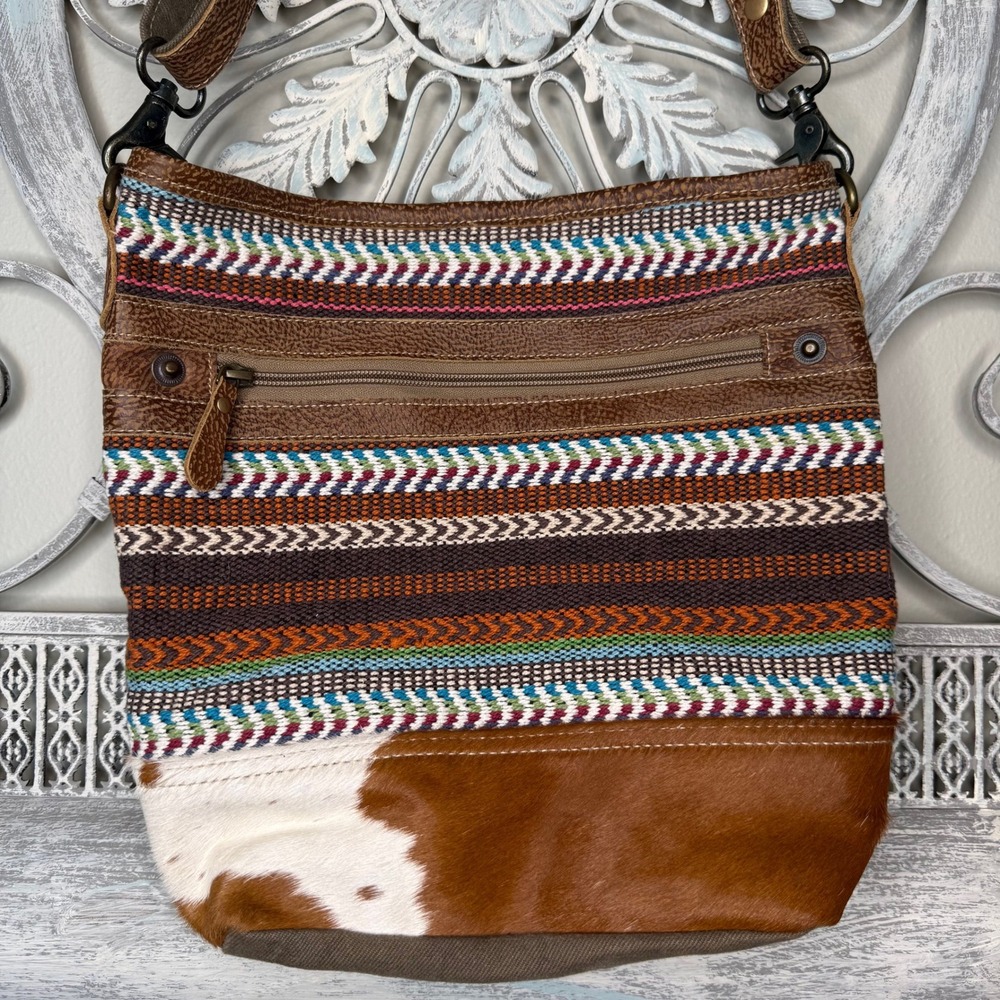 Myra Bag Boho Western Cowhide Woven Canvas Crossbody Bag Tribal Festival Bag EUC